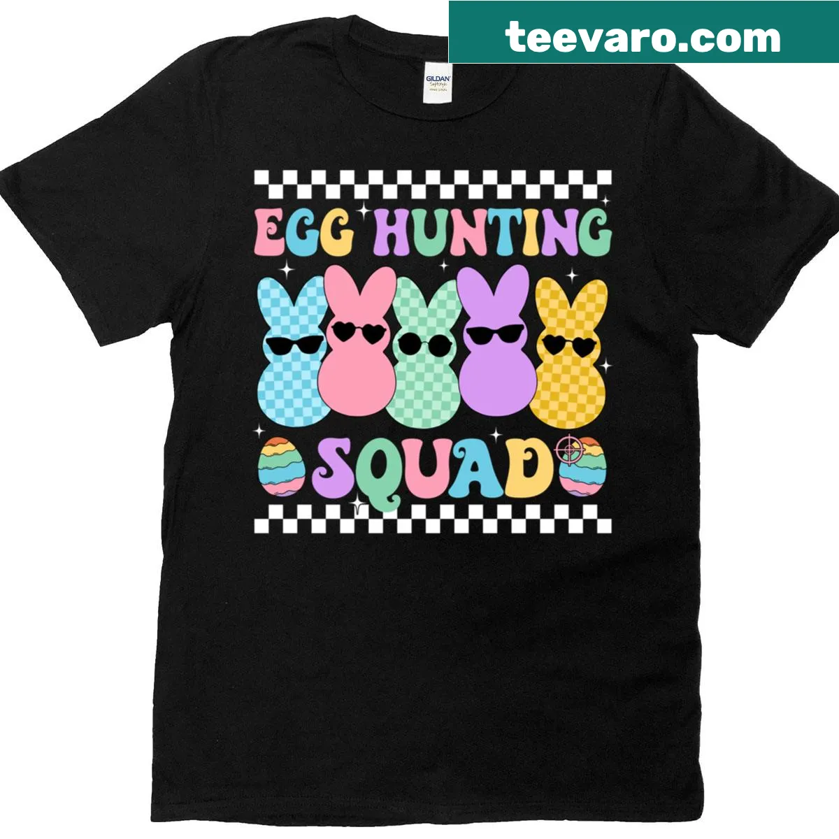 Fun Easter Bunny egg hunting squad graphic on kids' t-shirt — on a men's t-shirt