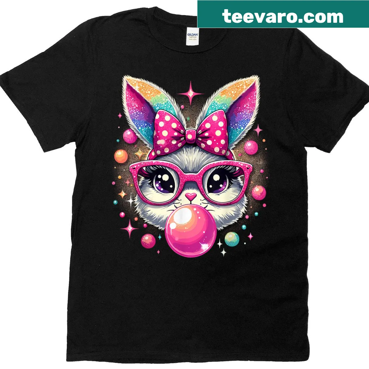 Charming Easter Bunny graphic with coquette bow on t-shirt — on a men's t-shirt