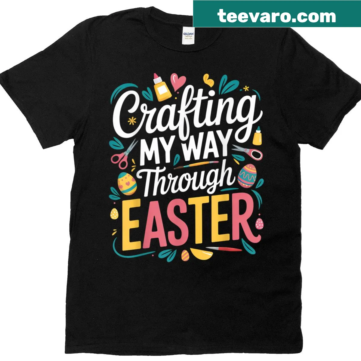 Easter-themed T-shirt with bunny and eggs design — on a men's t-shirt