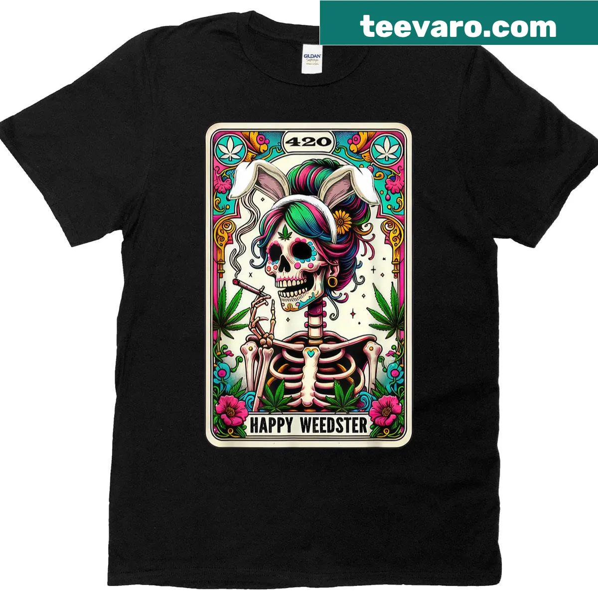 Skeleton smoking weed in tarot style for 420 Easter celebration — on a men's t-shirt