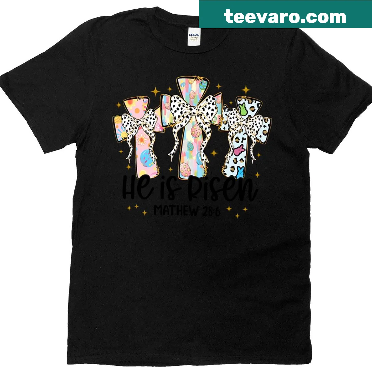 Coquette bow and 'He Is Risen' graphic t-shirt for Easter — on a men's t-shirt