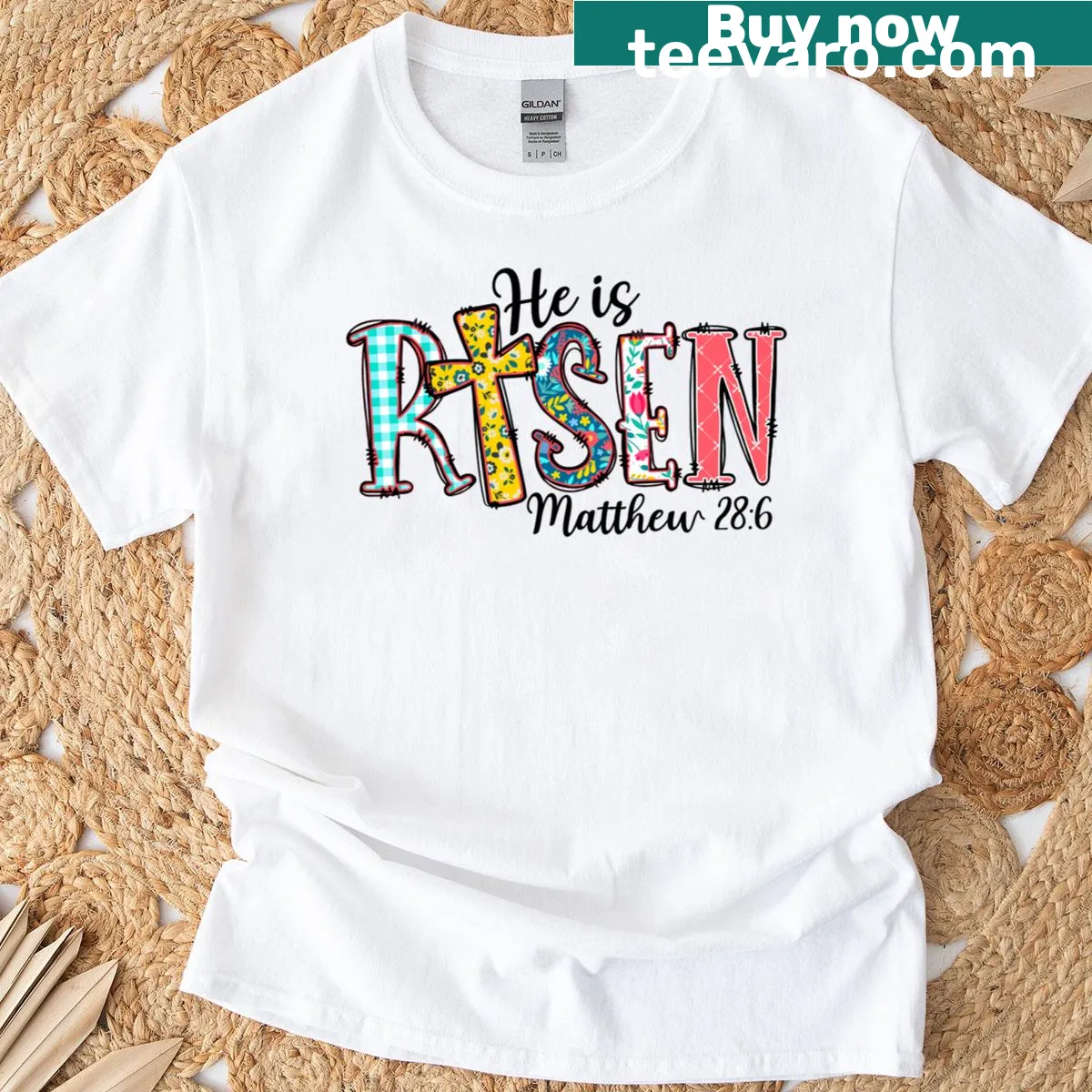 He Is Risen Matthew 28:6 text T-shirt — on a men's t-shirt
