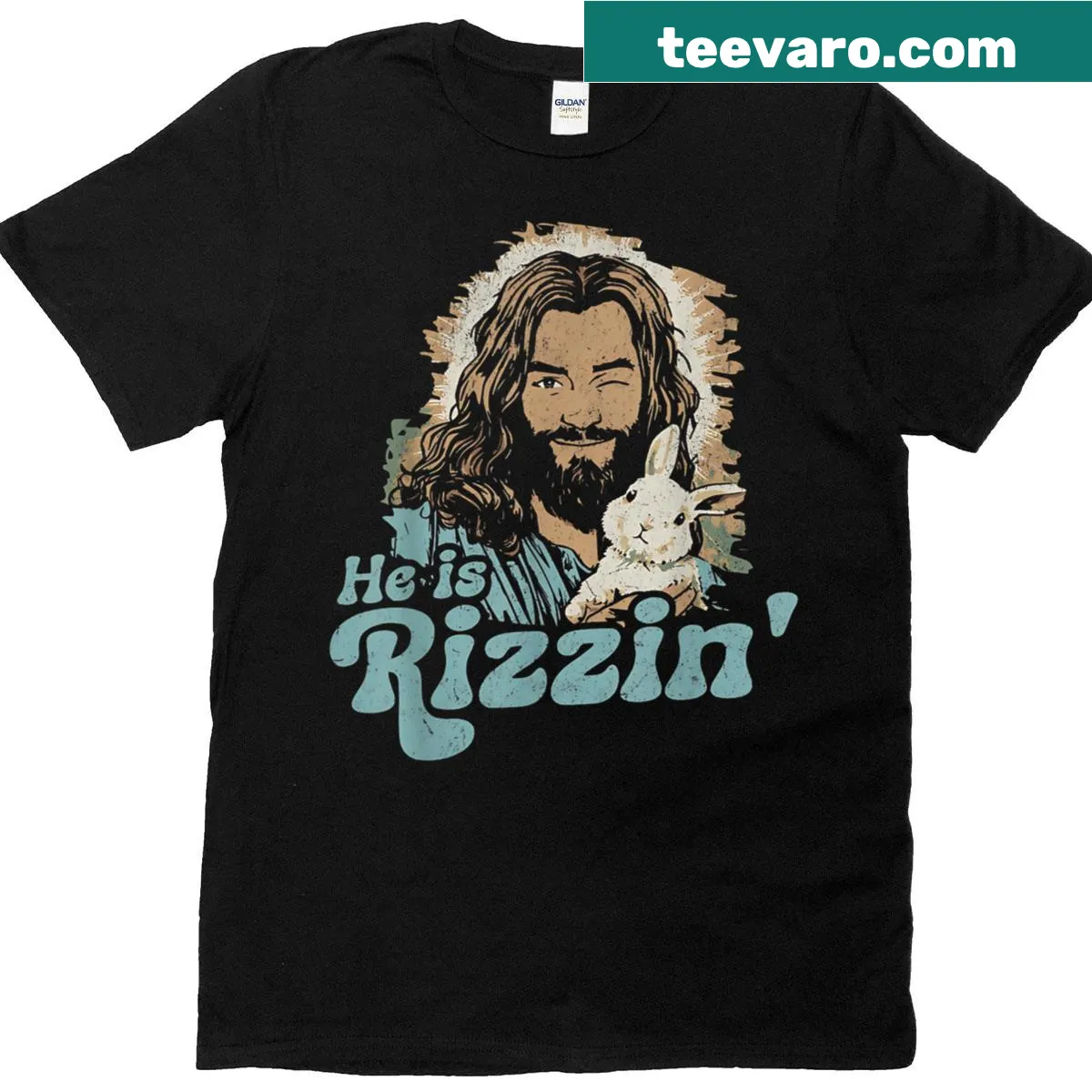 Funny Easter Bunny graphic with 'He Is Rizzin' phrase — on a men's t-shirt
