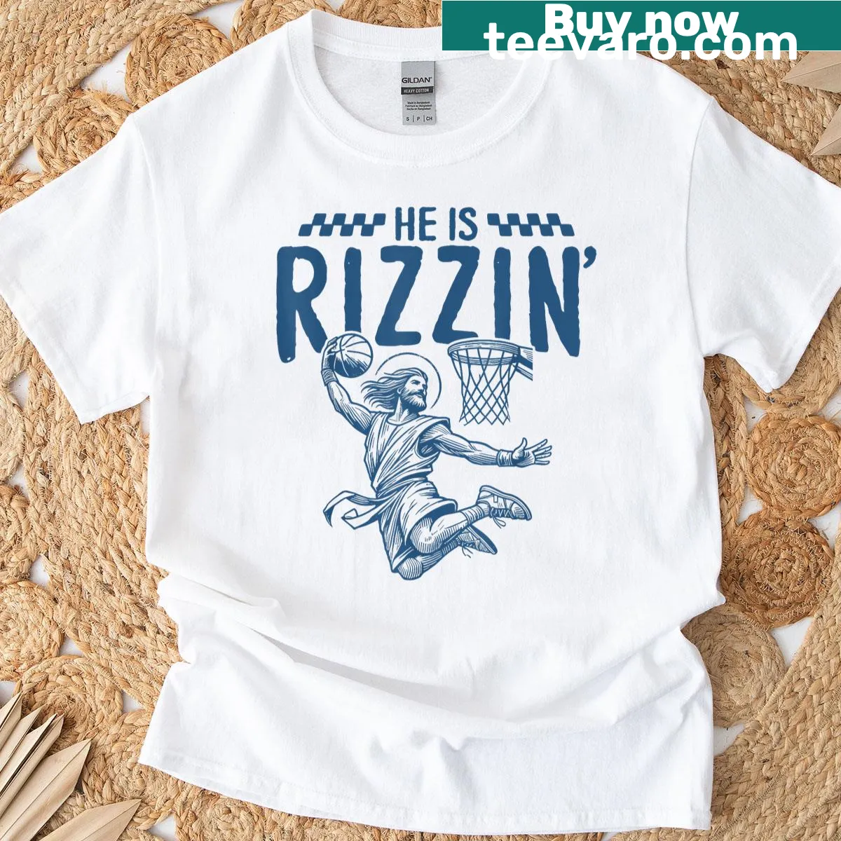 Funny Jesus Rizzin basketball text T-shirt — on a men's t-shirt