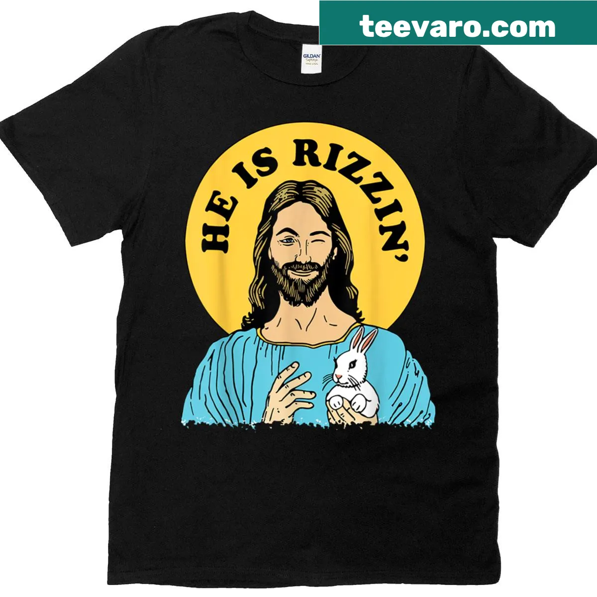 Funny T-shirt with 'He Is Rizzin' for Easter celebration — on a men's t-shirt