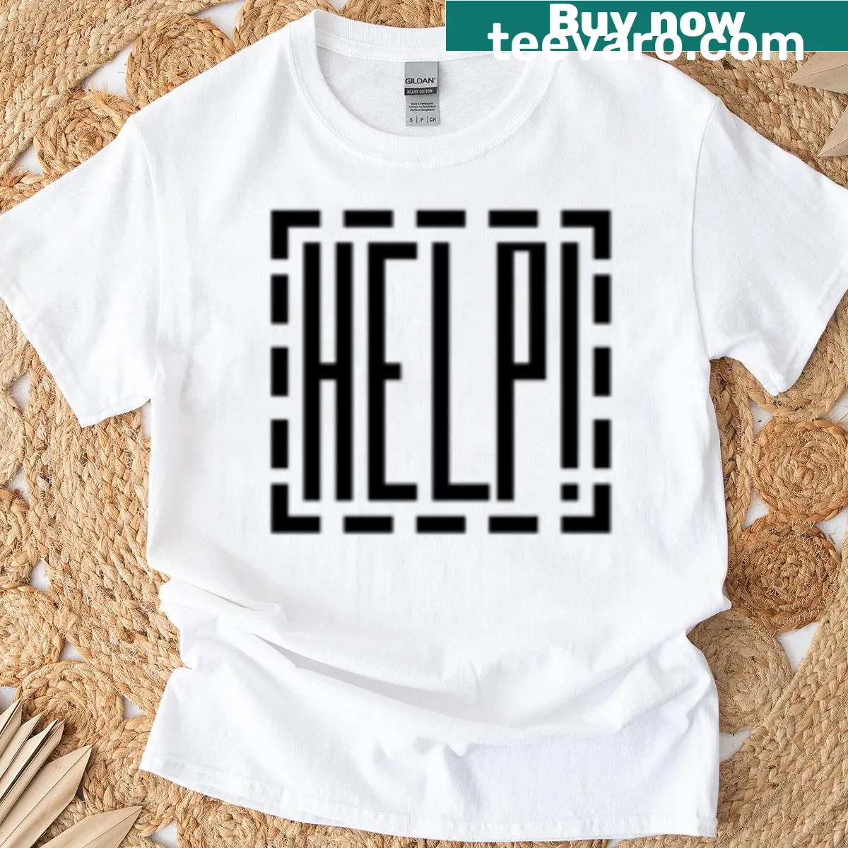 Humorous T-shirt with the word 'Help' in a playful design — on a men's t-shirt