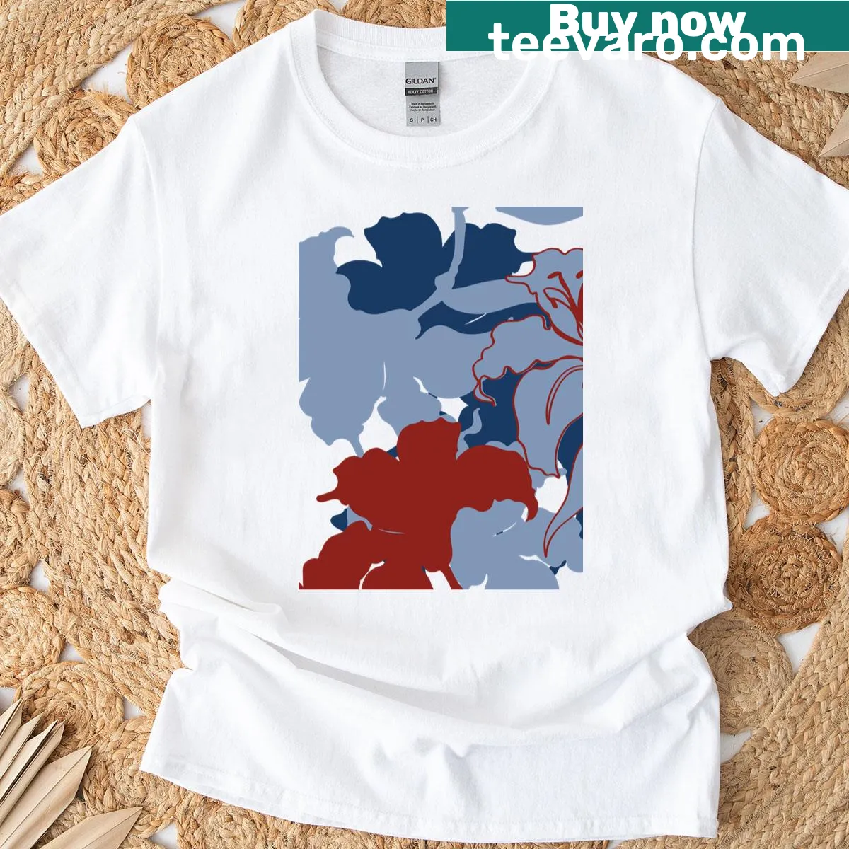 Illustration of red and blue lilies showcasing their intricate beauty — on a men's t-shirt