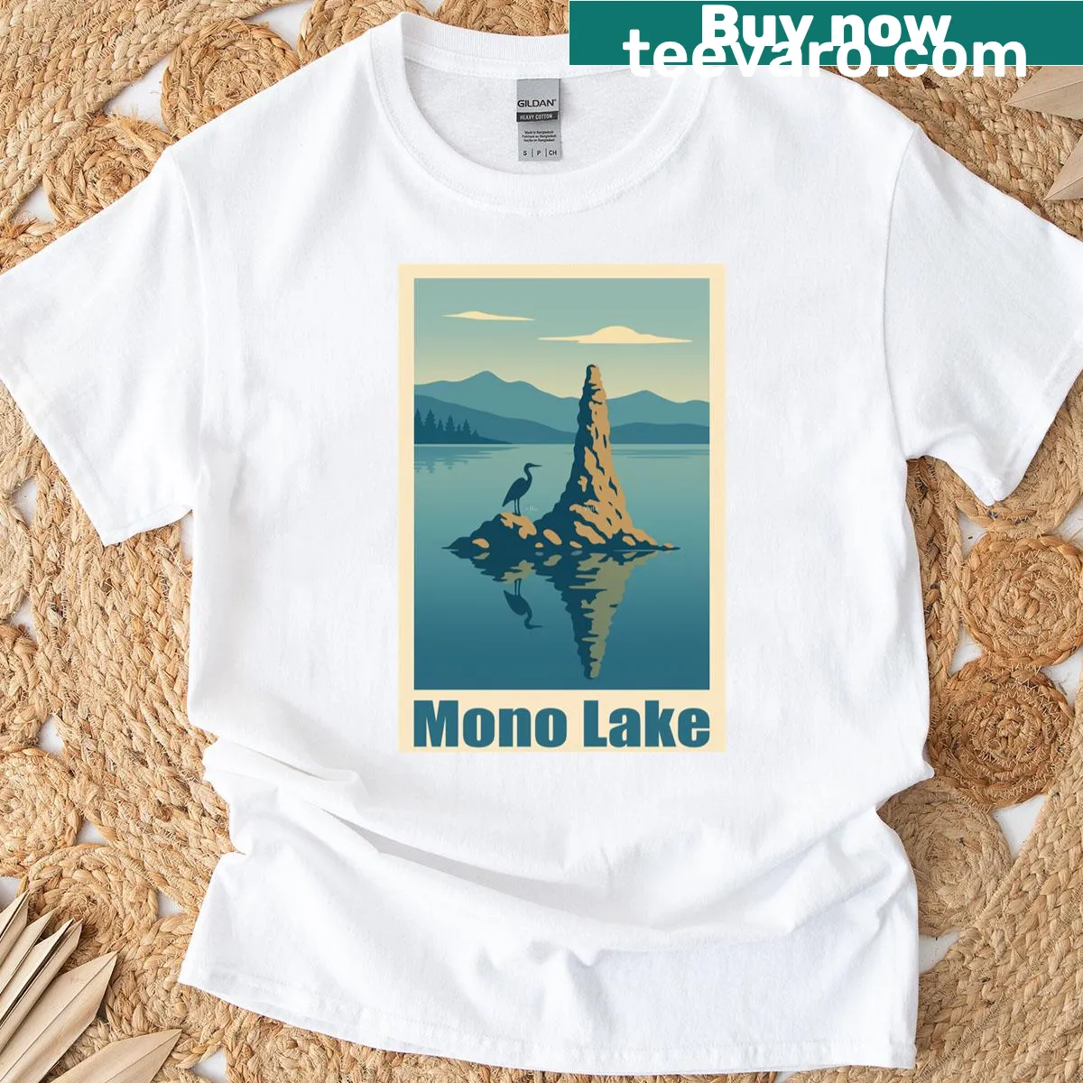 Illustration of a heron on Mono Lake T-shirt — on a men's t-shirt