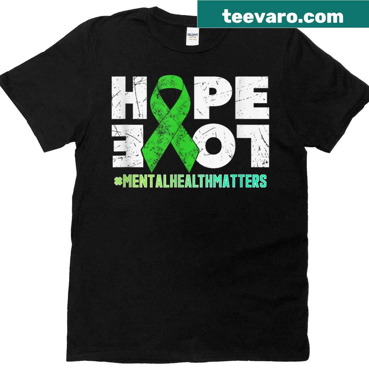 T-shirt with a green ribbon symbolizing hope and love for mental health awareness — on a men's t-shirt