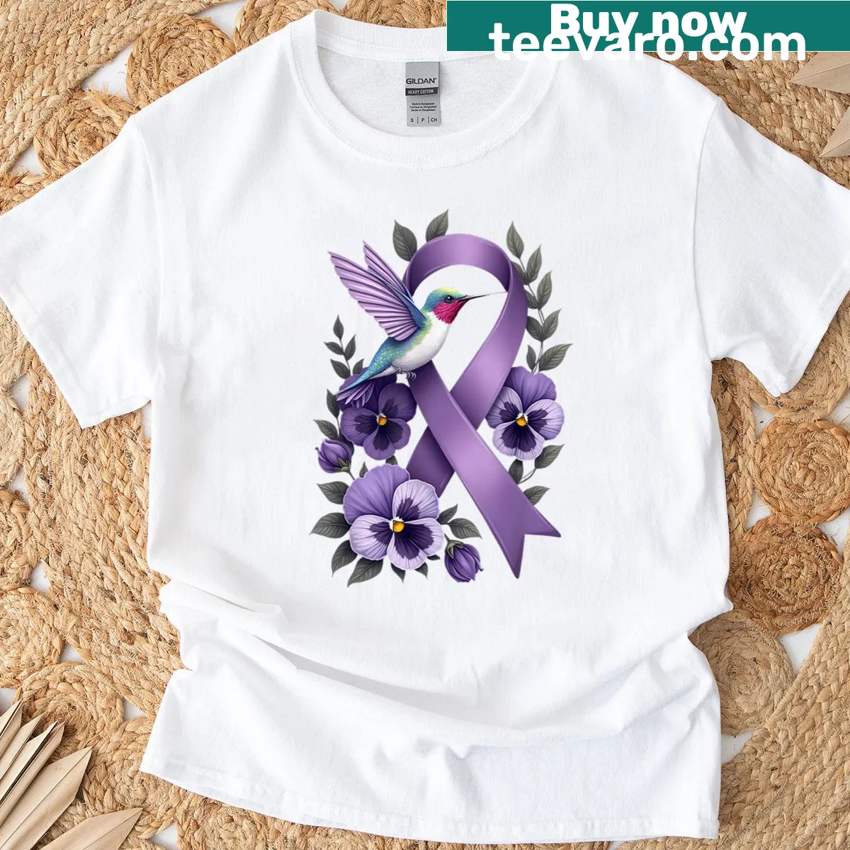 Hummingbird and purple ribbon design for Alzheimer's awareness on a T-shirt — on a men's t-shirt