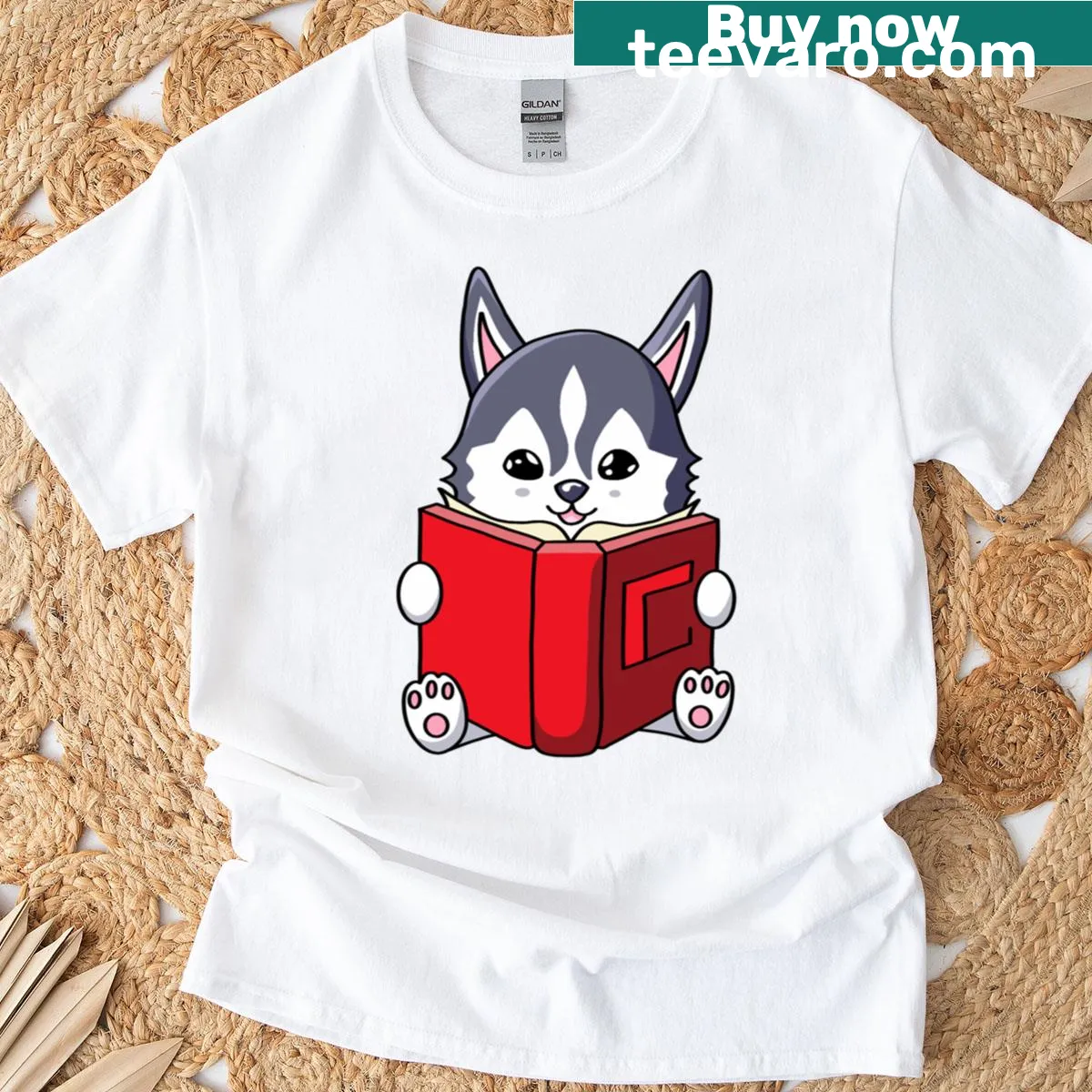 Adorable husky puppy reading a book illustration t-shirt. — on a men's t-shirt