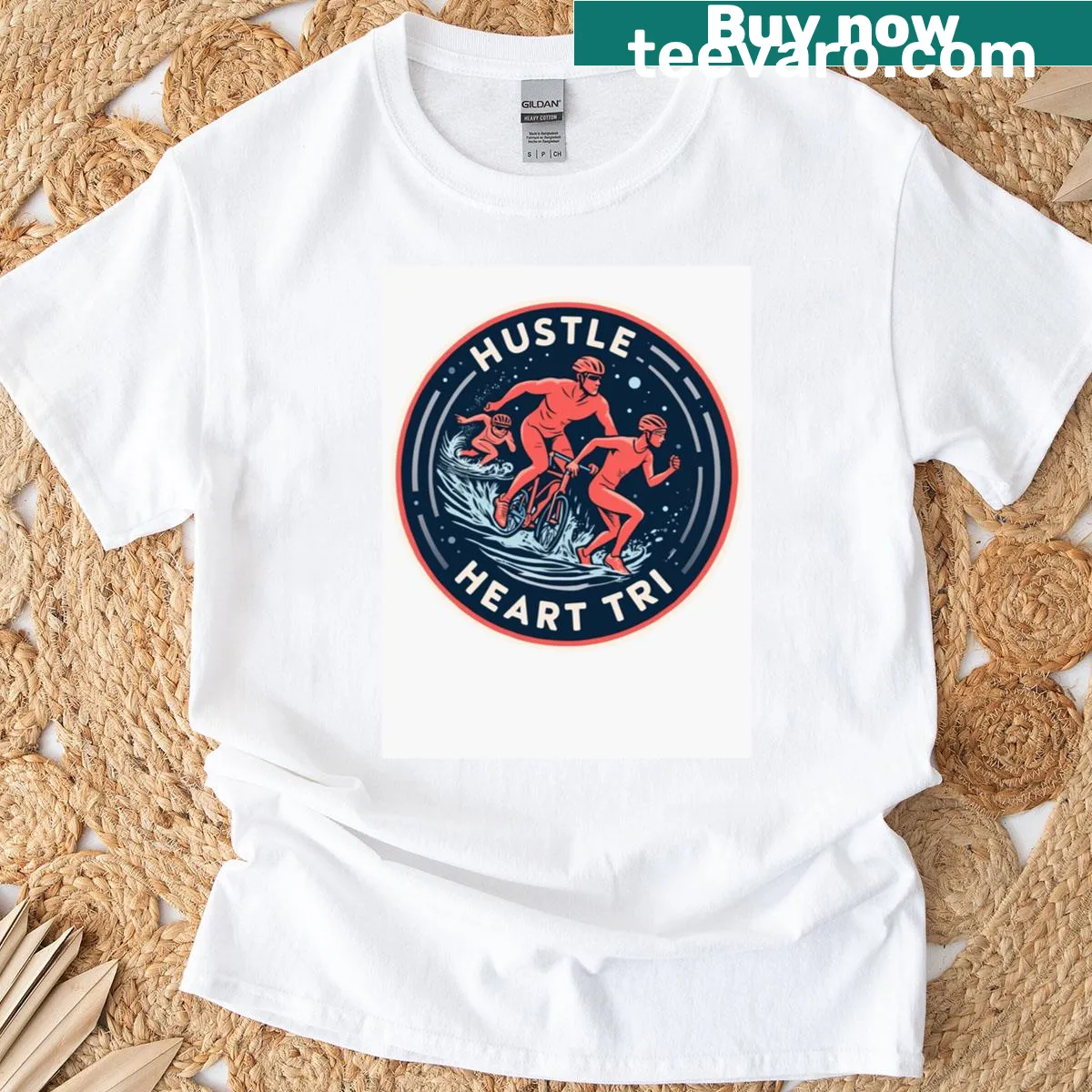 Motivational triathlon shirt with bold typography of Swim, Bike, Run, Hustle — on a men's t-shirt