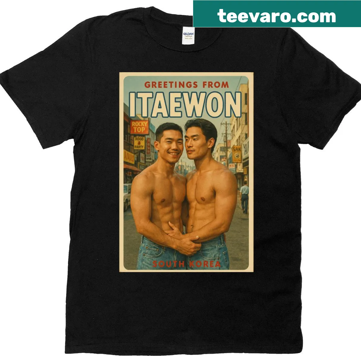Illustration inspired by Itaewon district, celebrating romance — on a men's t-shirt