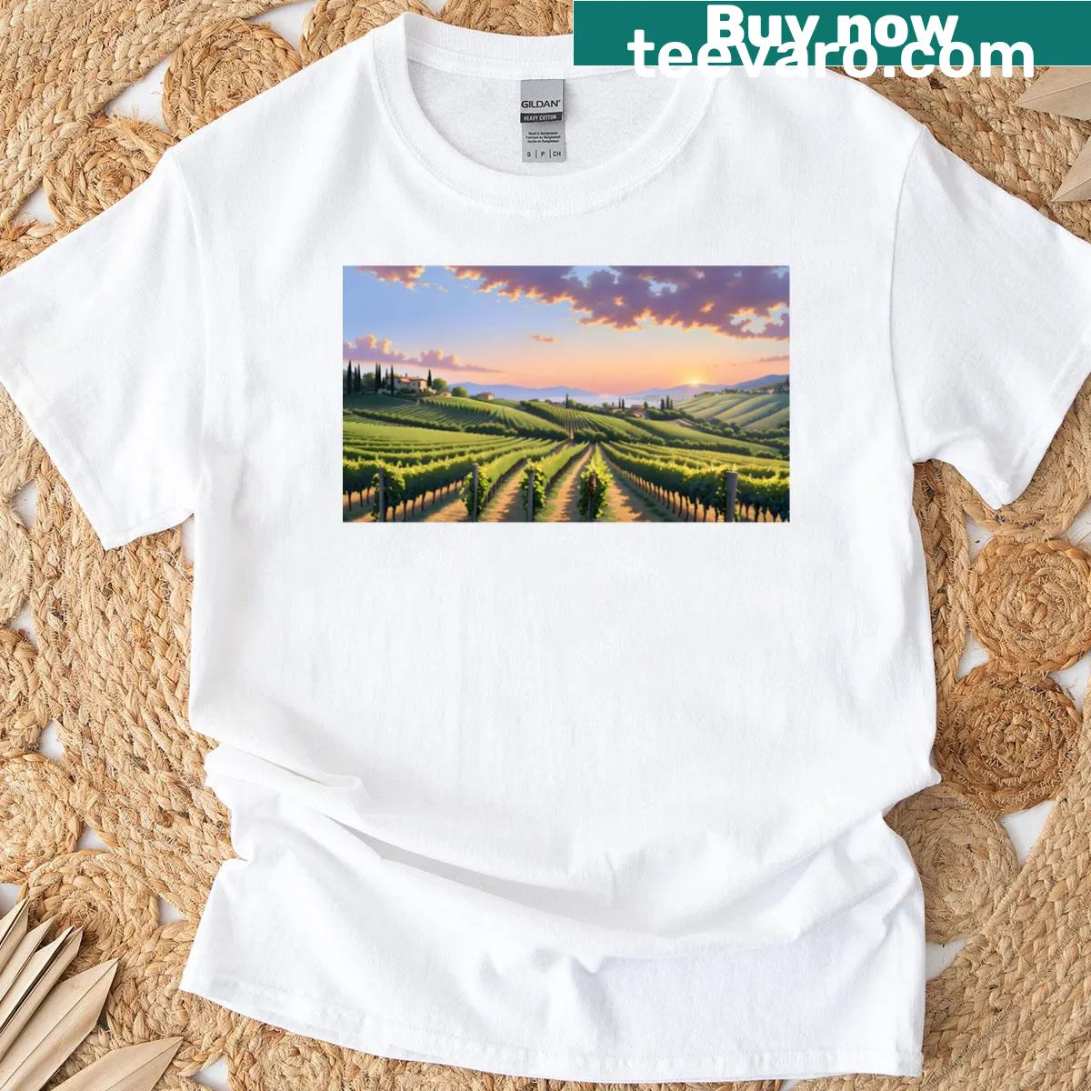 Illustrated Italian vineyard design on t-shirt — on a men's t-shirt