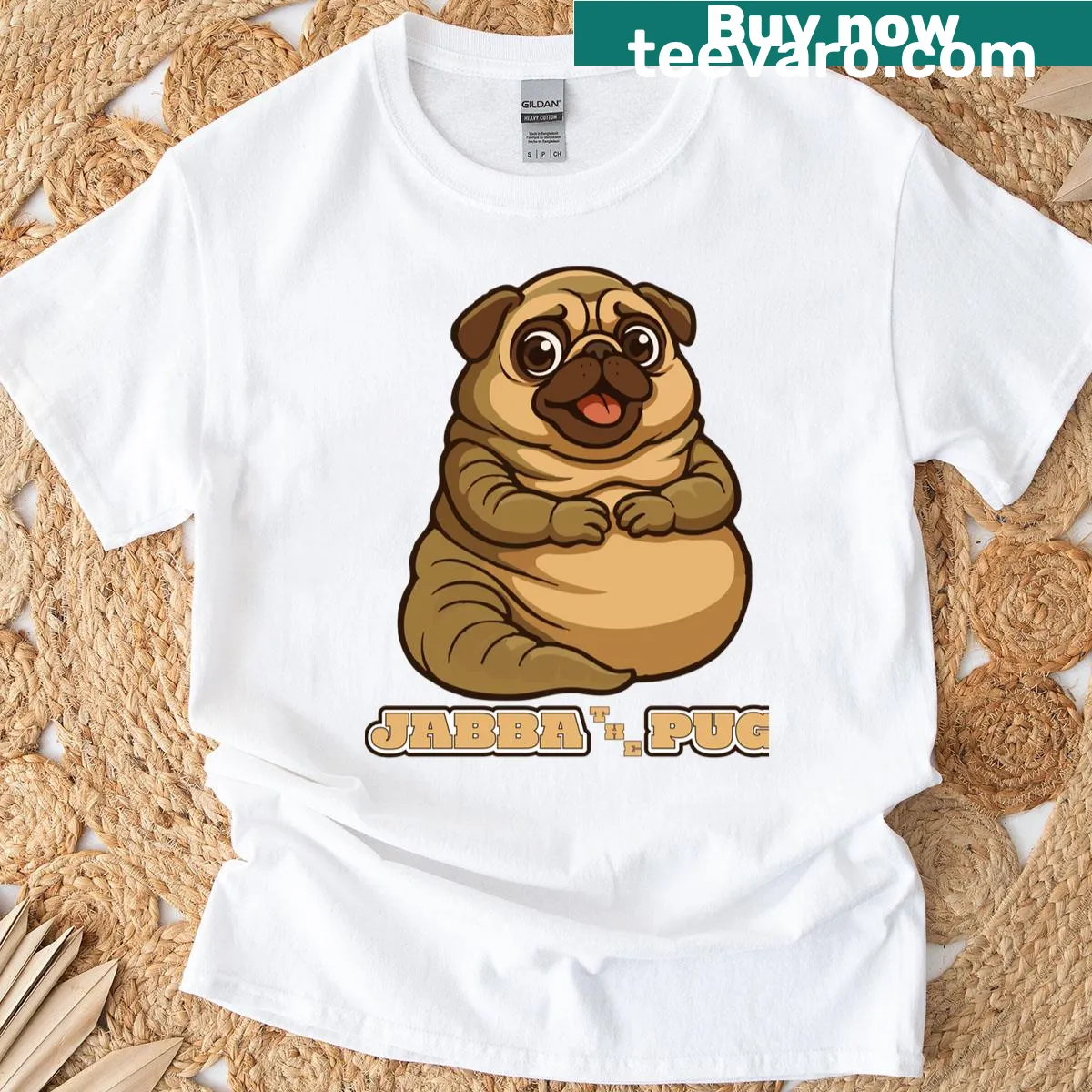 Illustration of a pug styled like Jabba the Hutt on a t-shirt — on a men's t-shirt