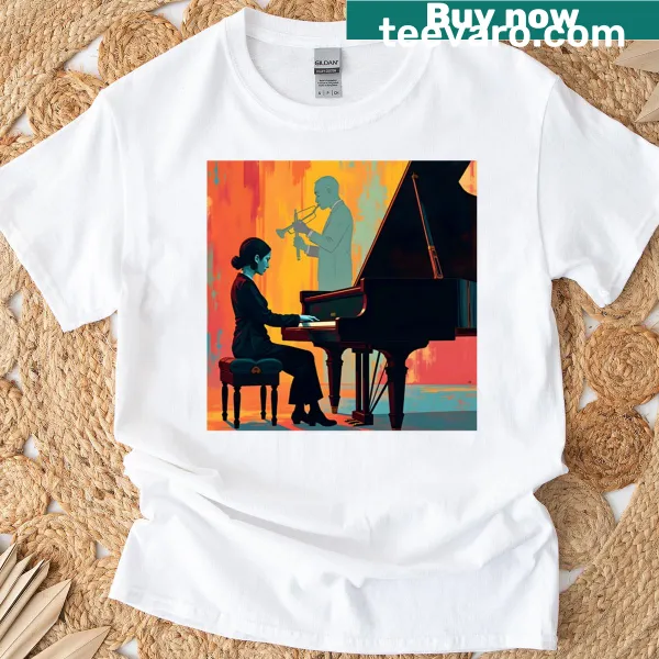 T-shirt with 'Jazz Piano Blues' text in elegant typography