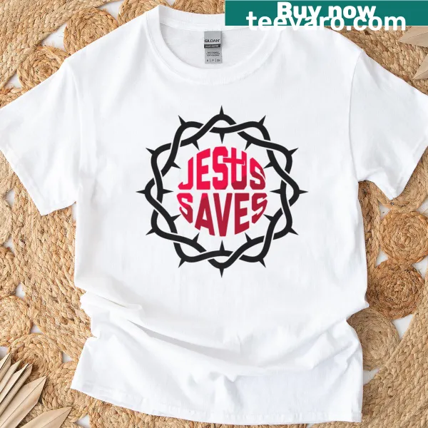 Typographic design of 'Jesus Saves' on a premium t-shirt
