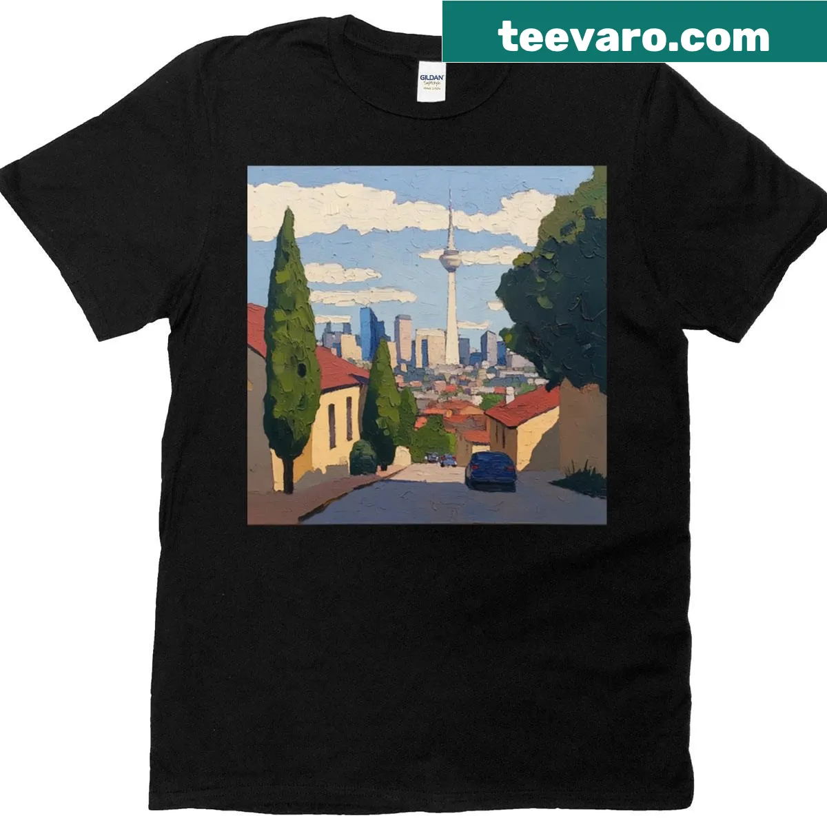 Artistic T-shirt inspired by Johannesburg's post-impressionist style — on a men's t-shirt