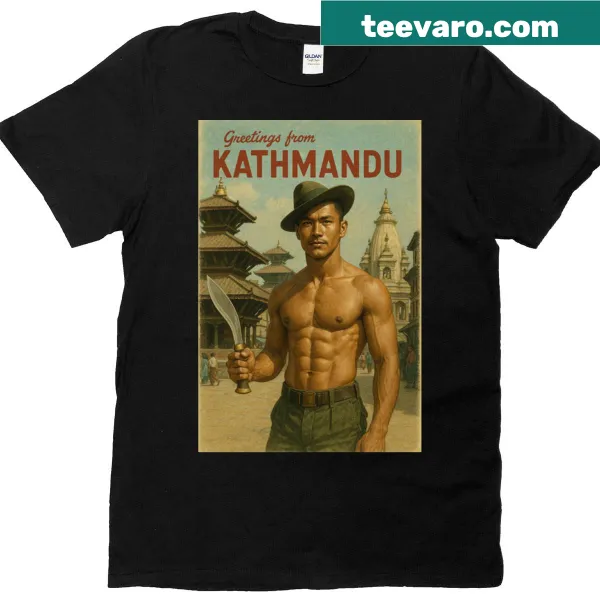 T-shirt featuring a Gurkha pose design among Kathmandu temples