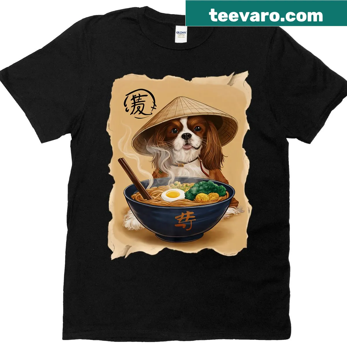 Cute T-shirt depicting a Cavalier King Charles Spaniel eating ramen — on a men's t-shirt