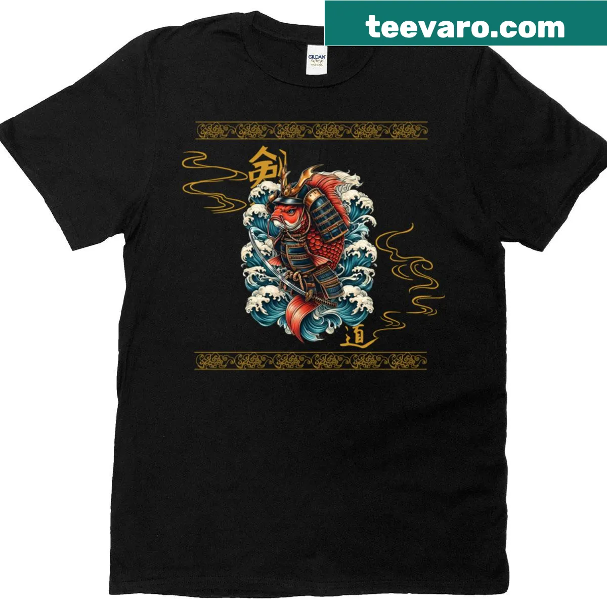 Illustration of a samurai with koi fish on a T-shirt — on a men's t-shirt
