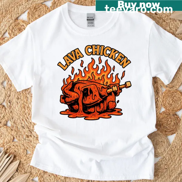 Playful graphic t-shirt featuring a fiery chicken illustration