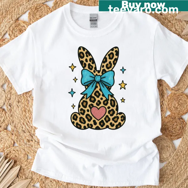 Cute leopard print Easter bunny t-shirt with blue bow and pink heart