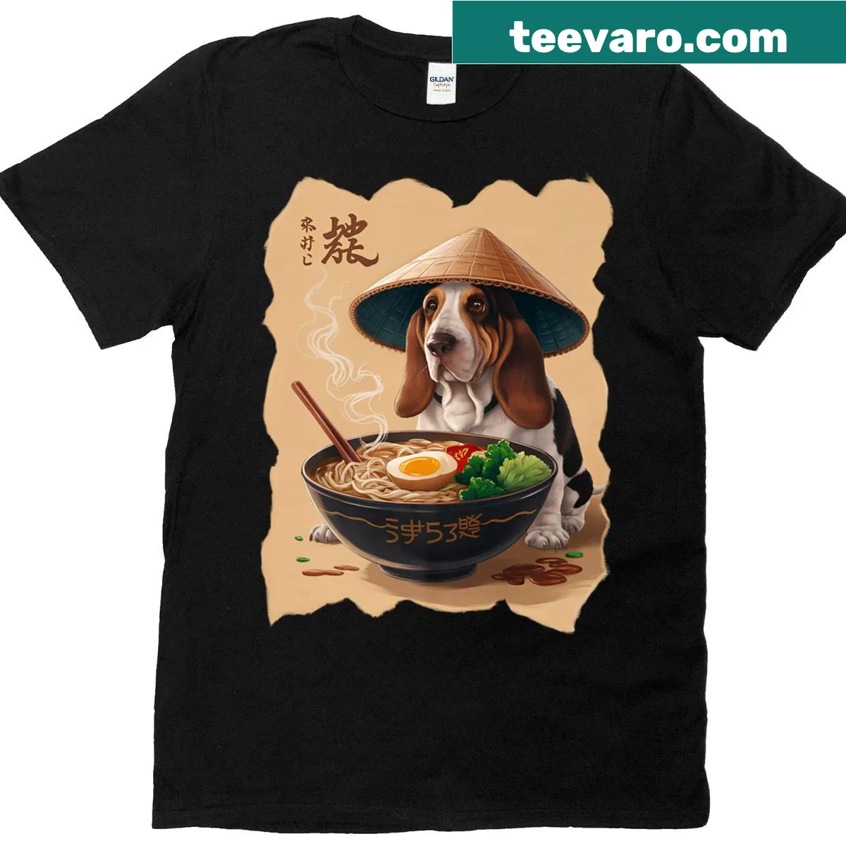 Kawaii Basset Hound illustration enjoying ramen on a T-shirt — on a men's t-shirt