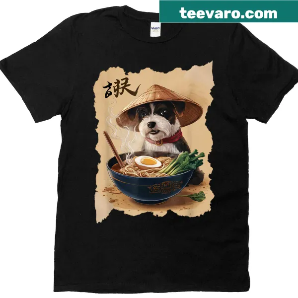 Cute cartoon T-shirt of a Border Terrier eating ramen