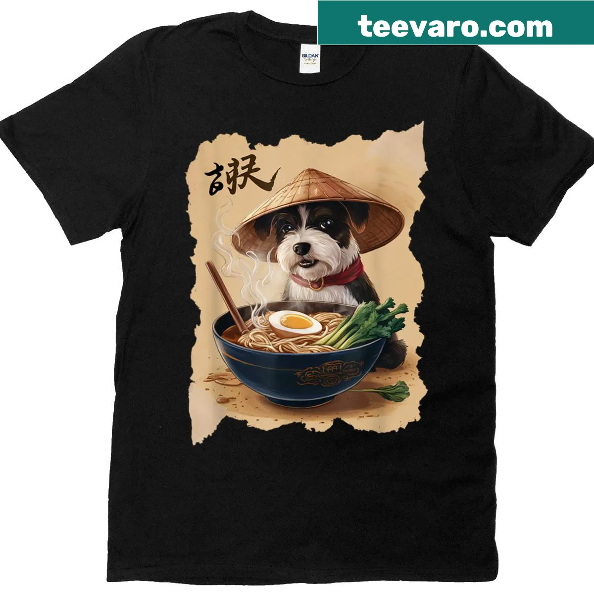 Cute cartoon T-shirt of a Border Terrier eating ramen — on a men's t-shirt