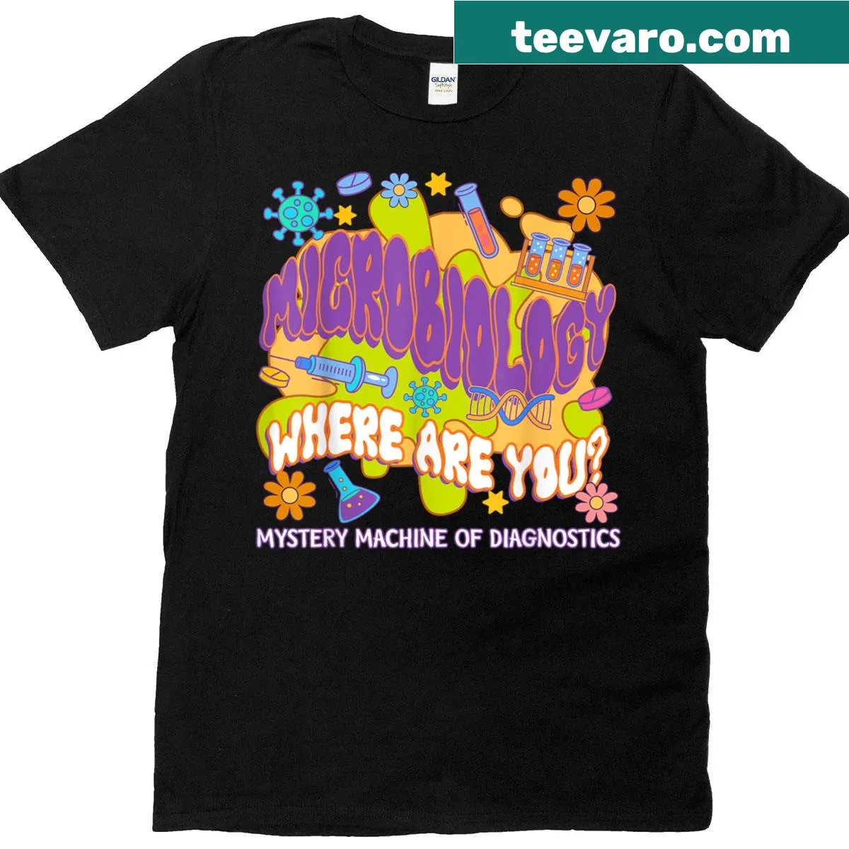 T-shirt with a playful microbiology graphic titled 'Mystery Machine of Diagnostics' — on a men's t-shirt