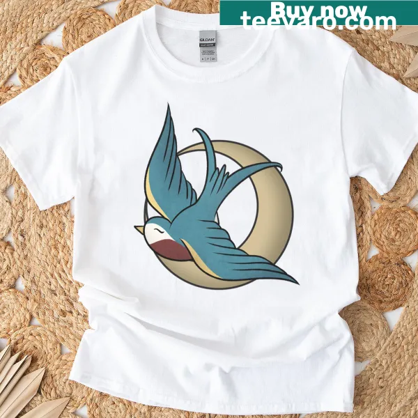 Illustrated T-shirt with a moon and swallow tattoo design