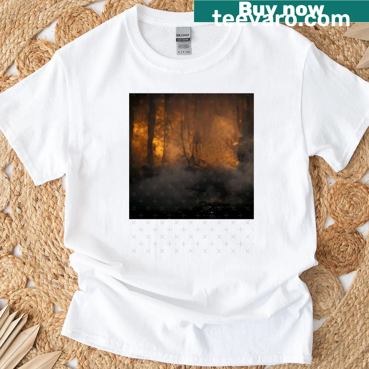 Ninja graphic in misty forest on a bold T-shirt — on a men's t-shirt
