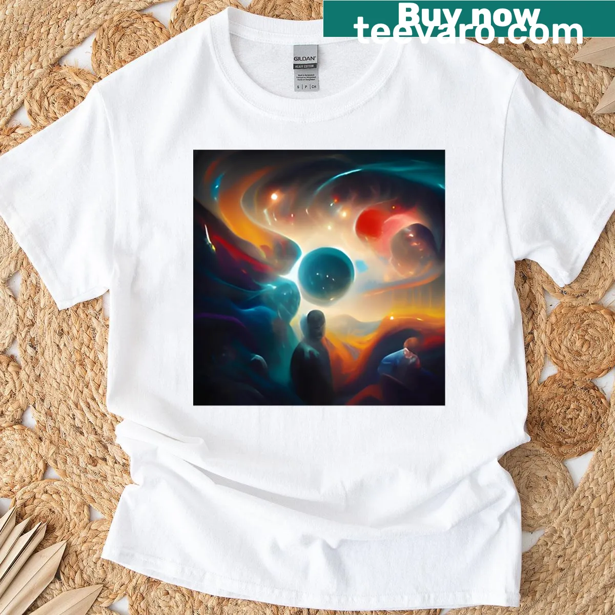 Abstract universe design featuring surreal human figures and cosmic elements — on a men's t-shirt