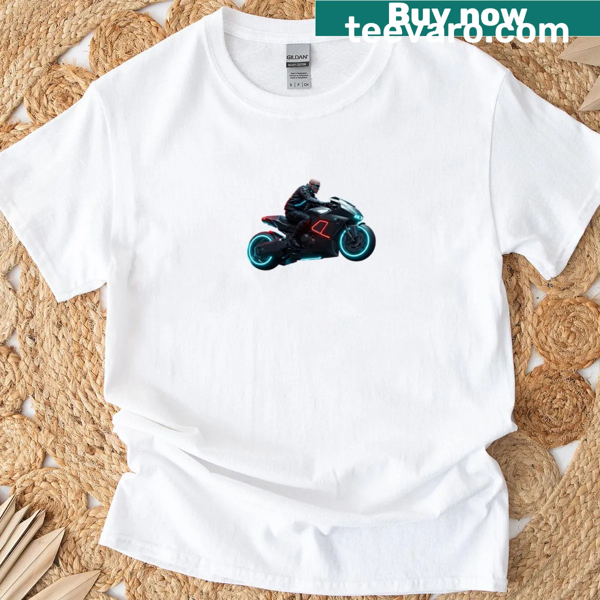 Neon biker design featuring a rebellious motorcycle rider — on a men's t-shirt