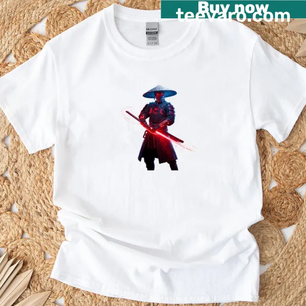 Neon samurai T-shirt featuring a striking crimson blade illustration