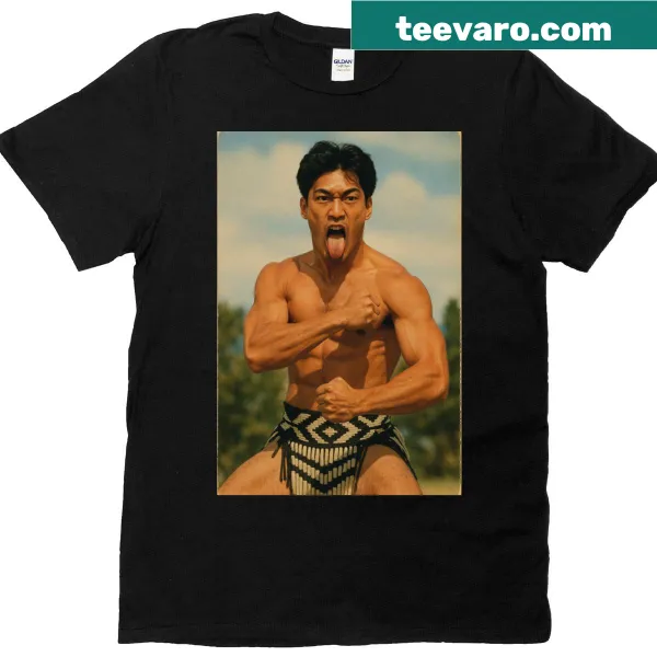 Illustration of a Mori warrior in haka pose on a T-shirt