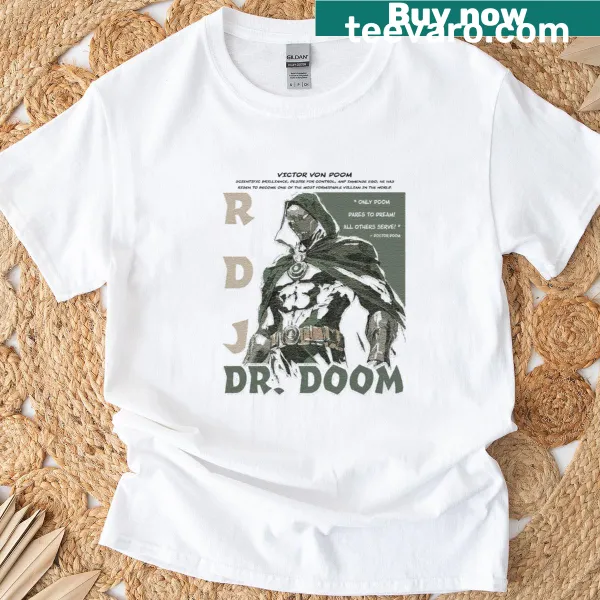 Illustration of Victor Von Doom with bold text on T-shirt