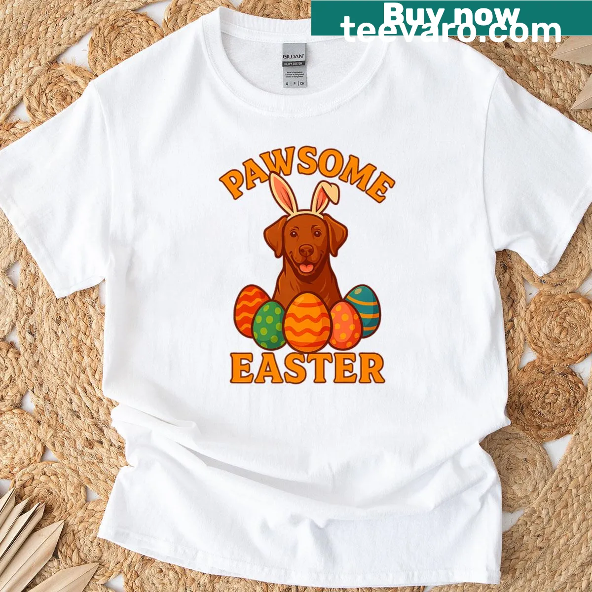 Labrador with bunny ears graphic on T-shirt for Easter — on a men's t-shirt