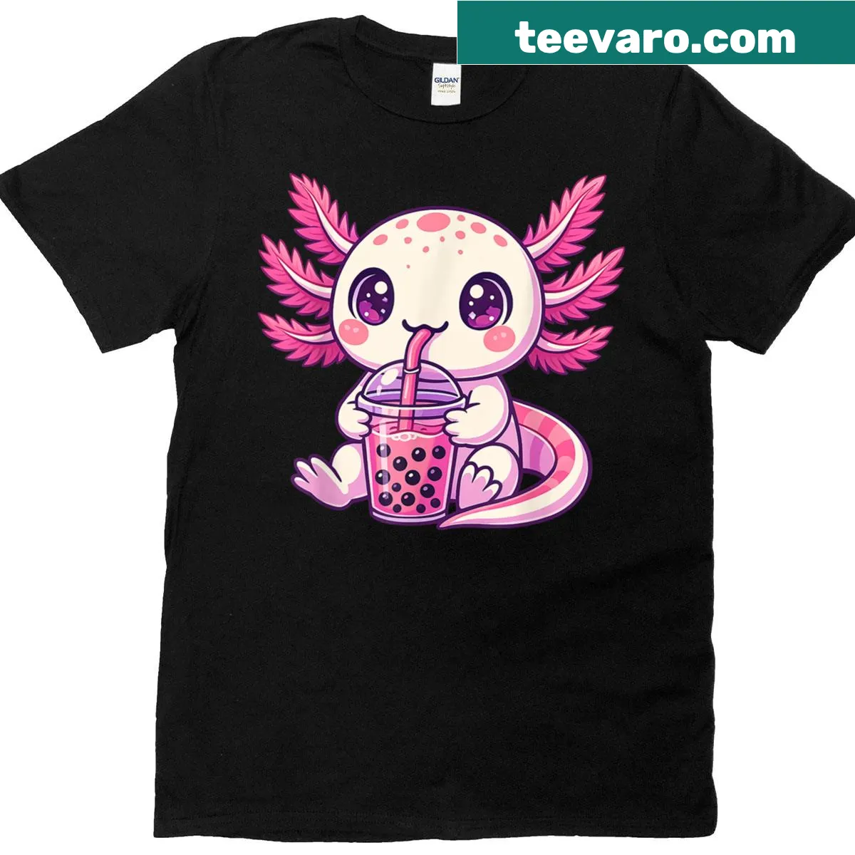 Cute pink axolotl enjoying boba tea on a T-shirt — on a men's t-shirt
