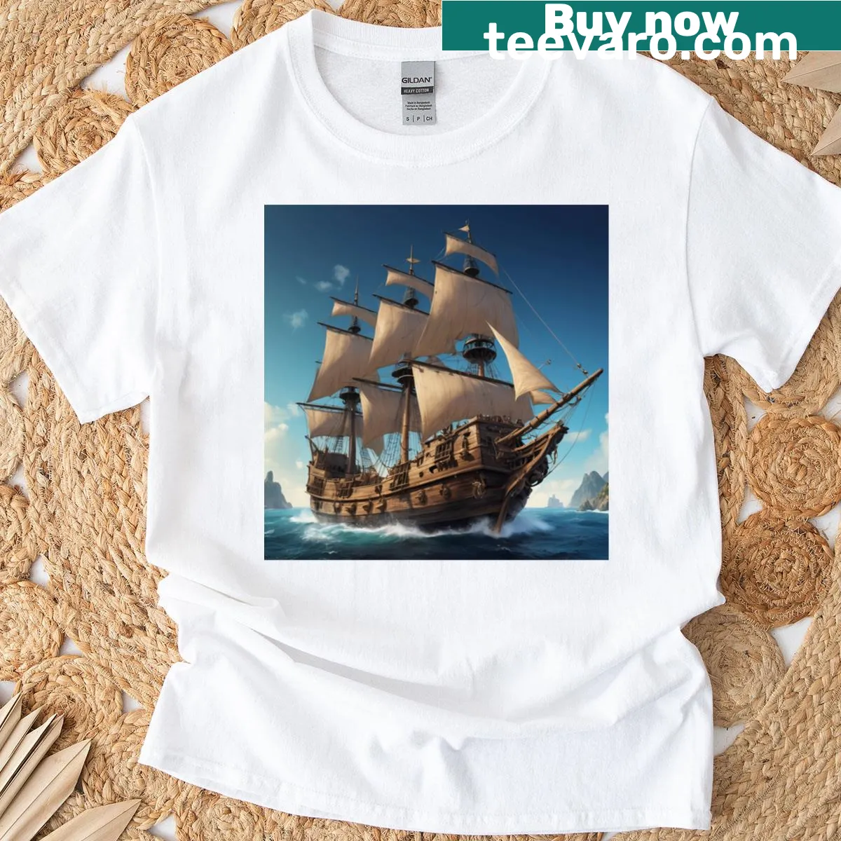 Illustration of a Middle Ages pirate ship on a T-shirt — on a men's t-shirt