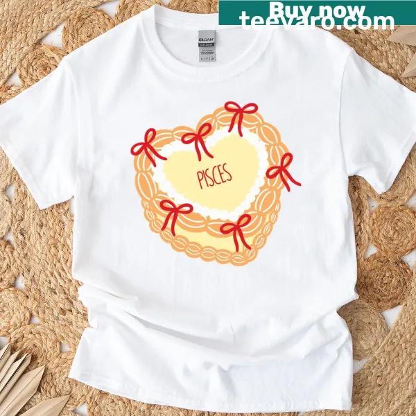 Retro heart cake graphic with bows on a T-shirt, themed around Pisces.