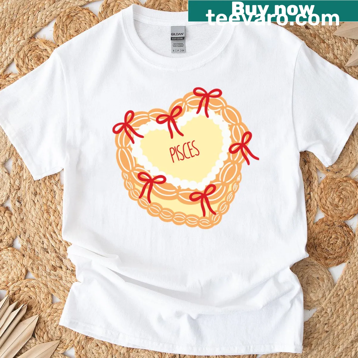 Retro heart cake graphic with bows on a T-shirt, themed around Pisces. — on a men's t-shirt