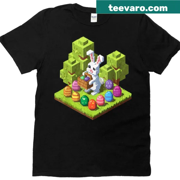 Pixel art Easter Bunny with gaming elements on kid's T-shirt