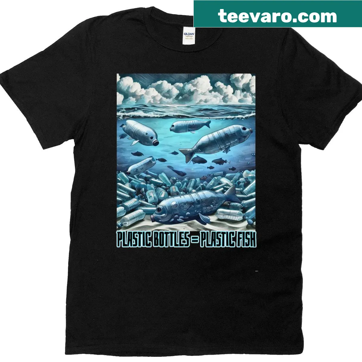 T-shirt illustrating plastic bottles as fish to raise ecological awareness — on a men's t-shirt