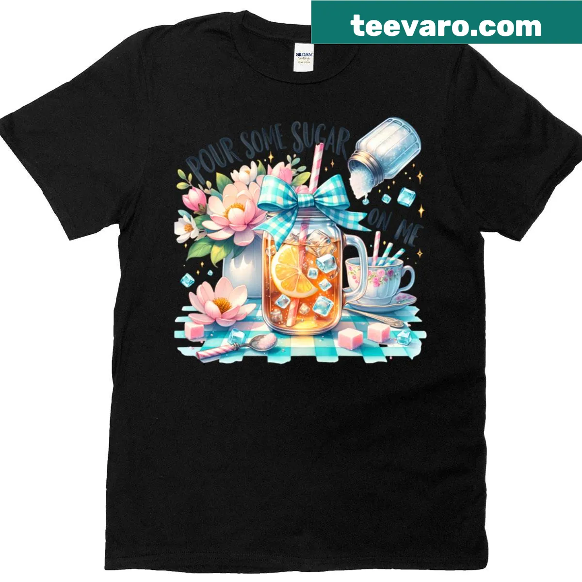 Music-themed T-shirt with 'Pour Some Sugar On Me' text — on a men's t-shirt