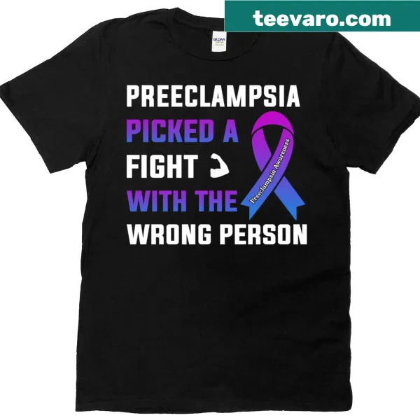 Purple and blue ribbon graphic on awareness t-shirt for preeclampsia