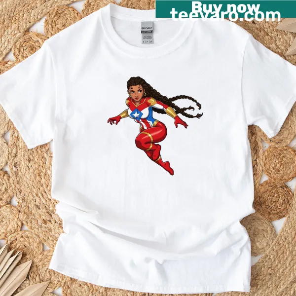 Illustration of Puerto Rican superhero on fitted scoop T-shirt