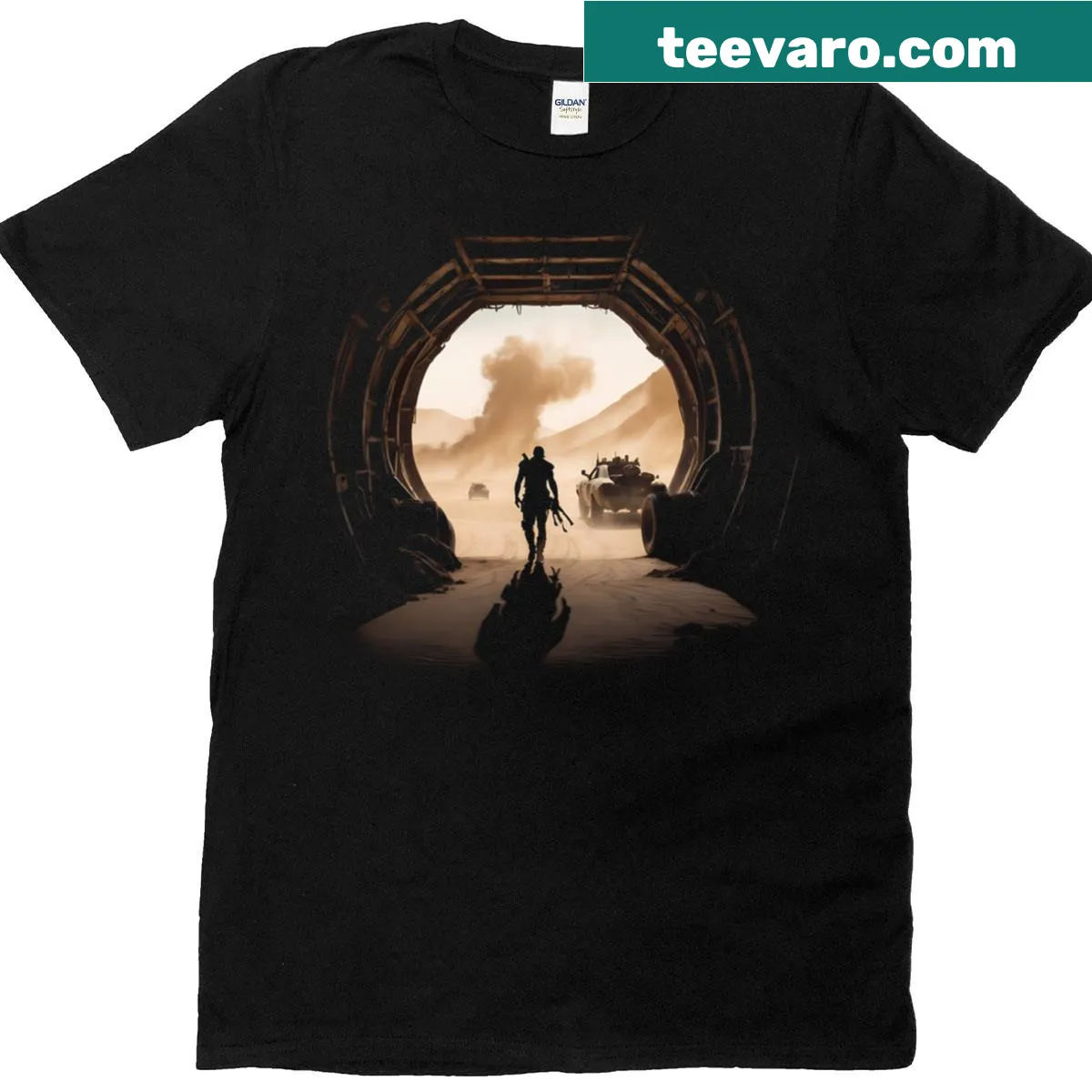 Motorsport T-shirt with 'Racing In Sahara Speed Meets The Sand' text — on a men's t-shirt