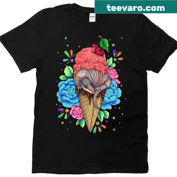 Playful armadillo in an ice cream cone illustration on T-shirt